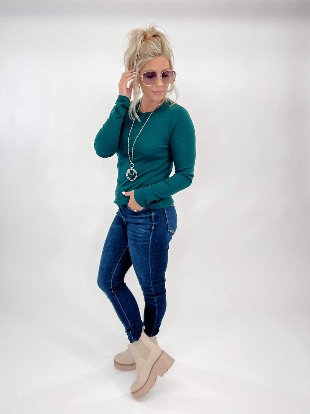 Jess Long Sleeve Ribbed Top, Evergreen