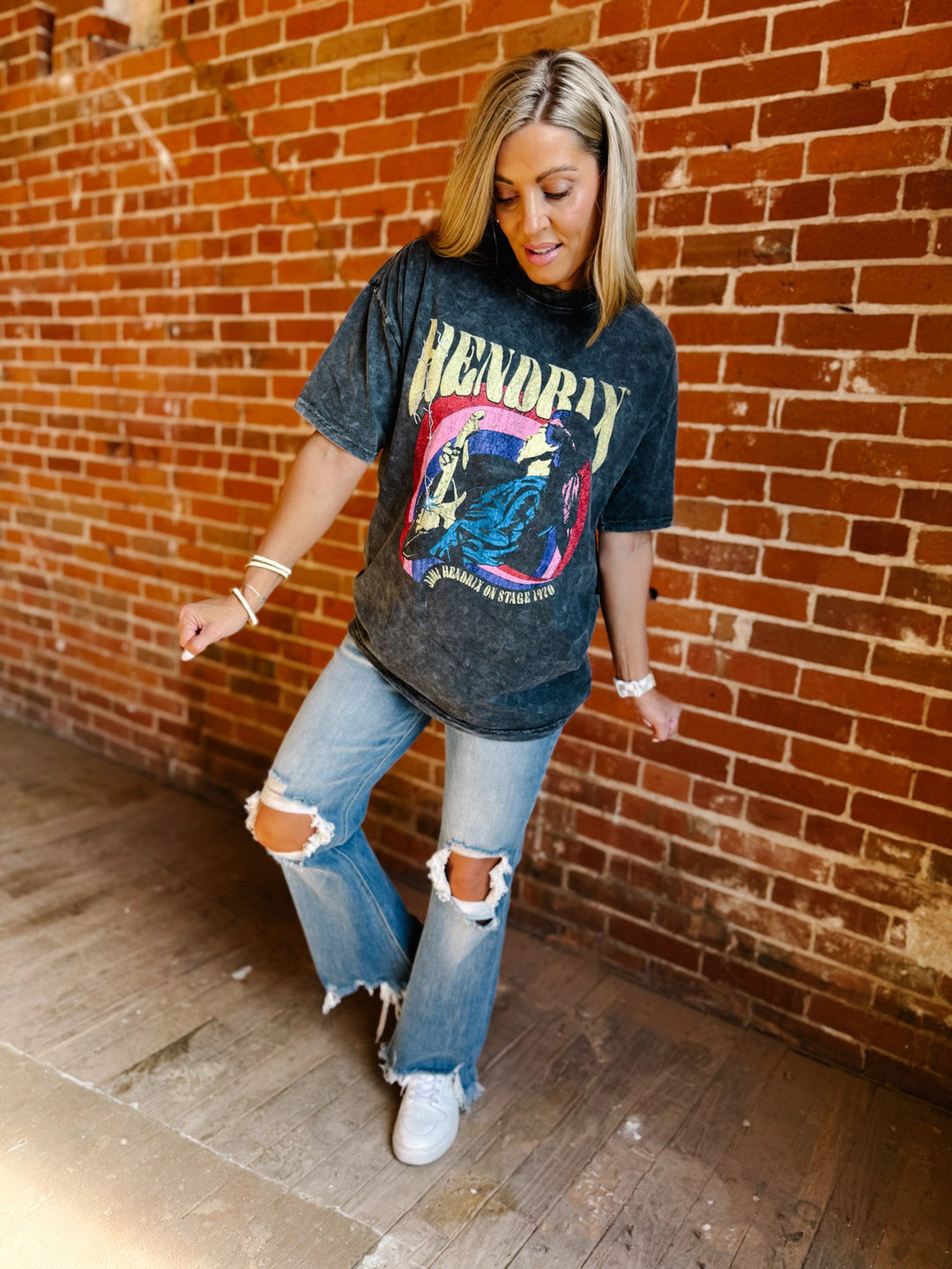 Jimi Hendrix Solo Guitar Oversized Tee, Mineral Washed Grey