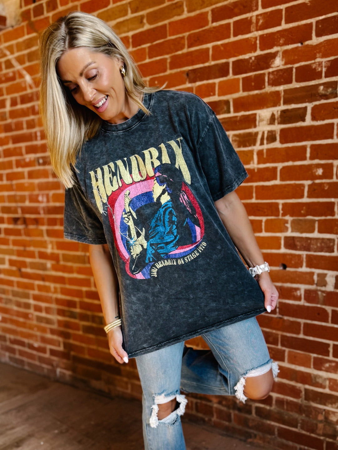 Jimi Hendrix Solo Guitar Oversized Tee, Mineral Washed Grey