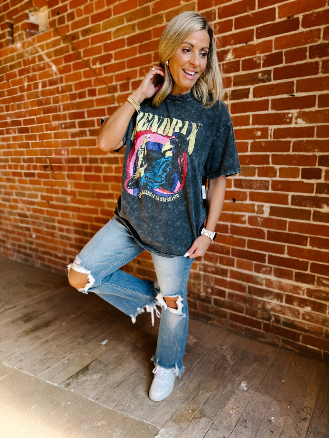 Jimi Hendrix Solo Guitar Oversized Tee, Mineral Washed Grey