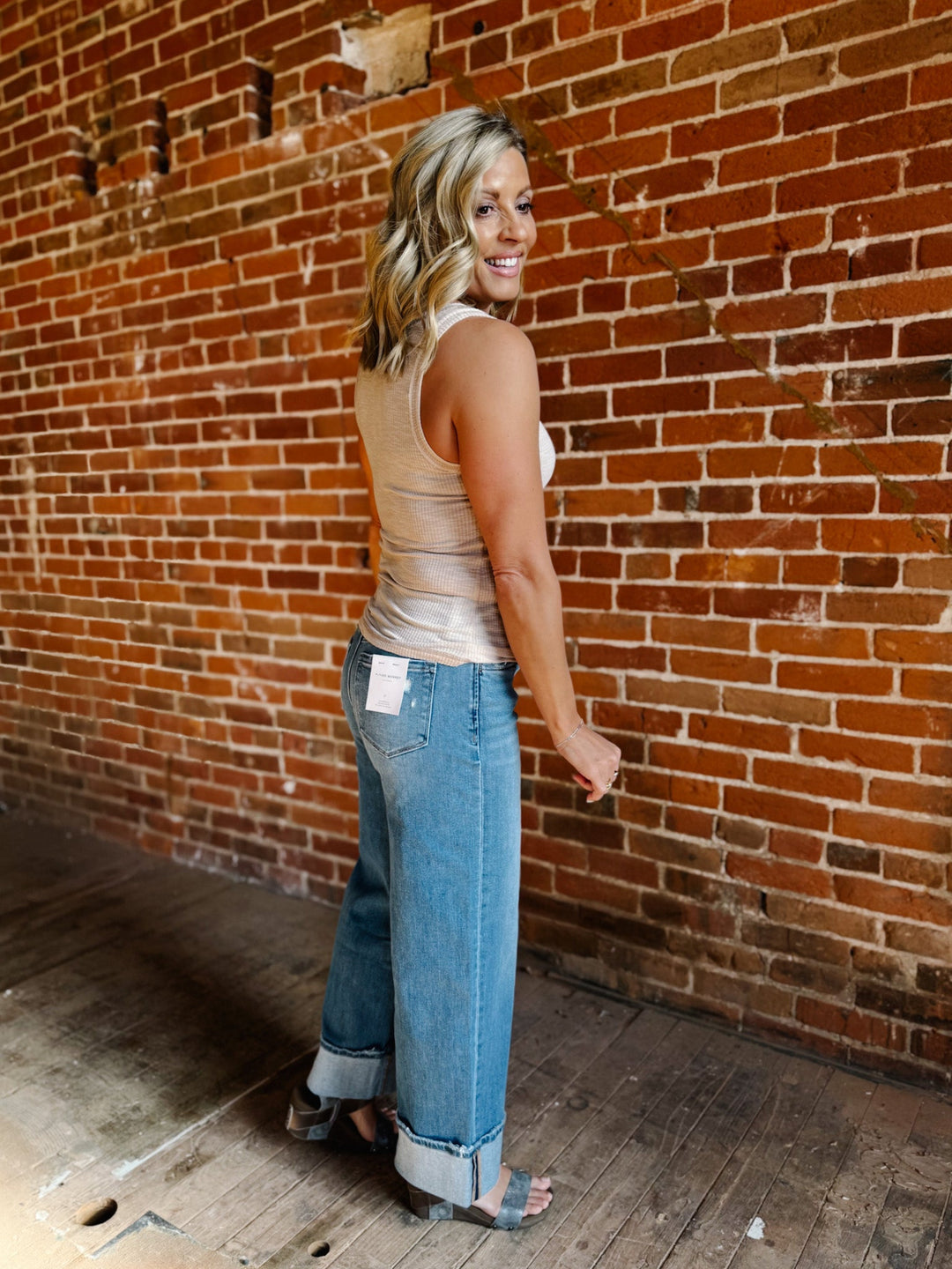 JoJo Henley Ribbed Button Detail Tank, Beige