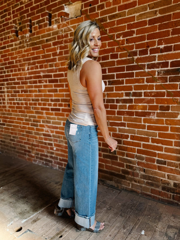 JoJo Henley Ribbed Button Detail Tank, Beige