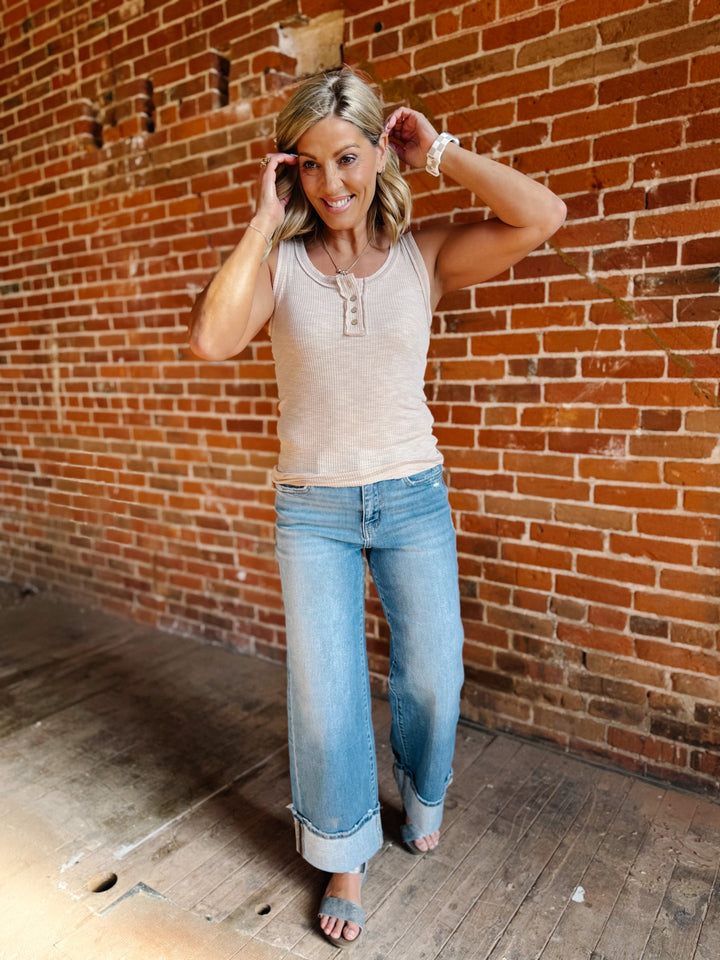 JoJo Henley Ribbed Button Detail Tank, Beige