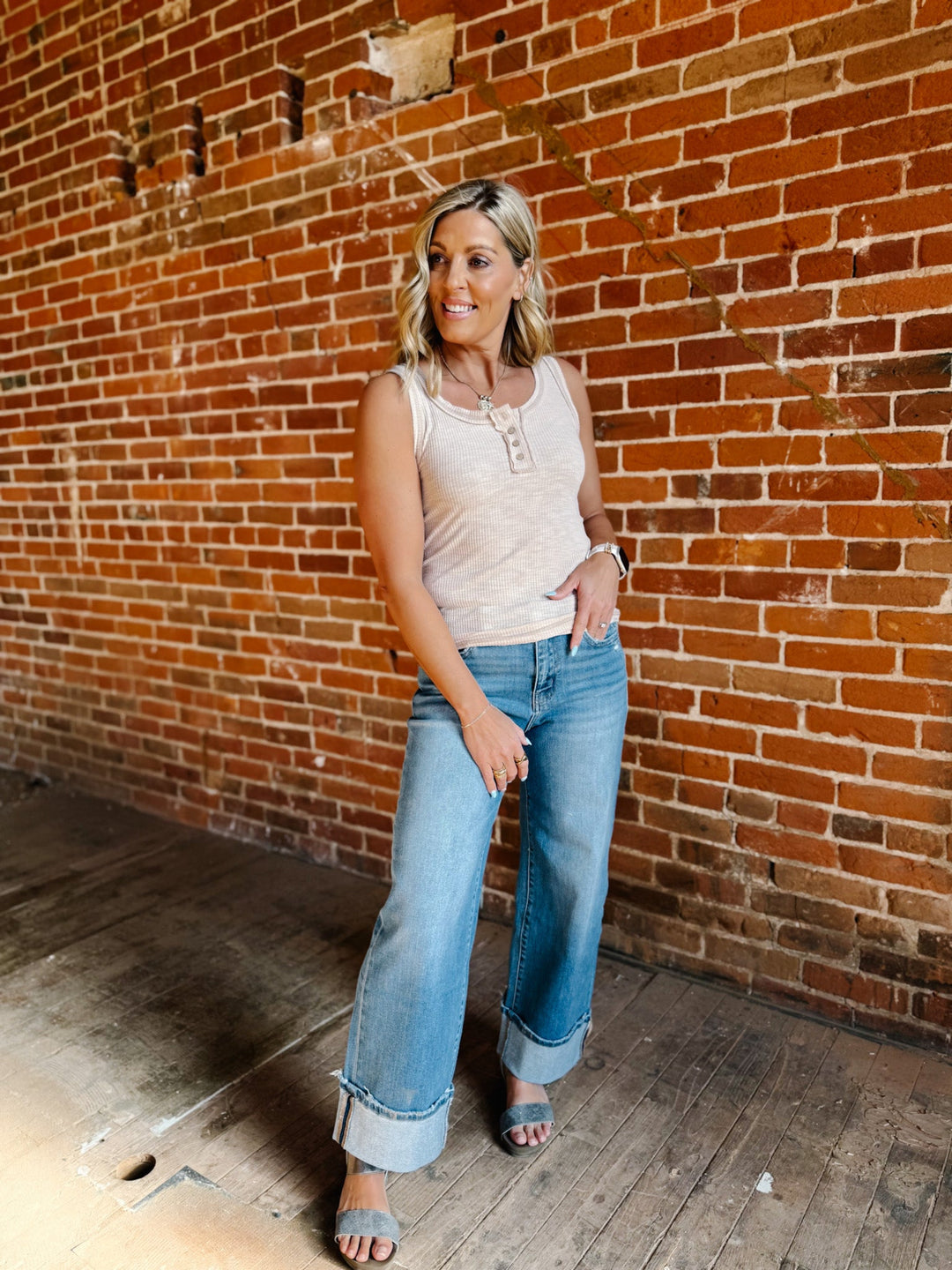 JoJo Henley Ribbed Button Detail Tank, Beige