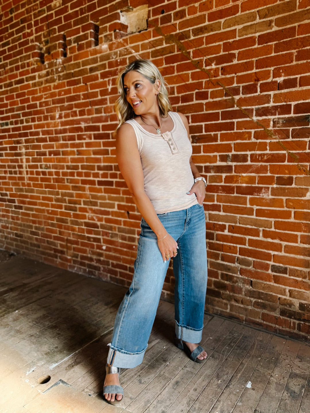 JoJo Henley Ribbed Button Detail Tank, Beige