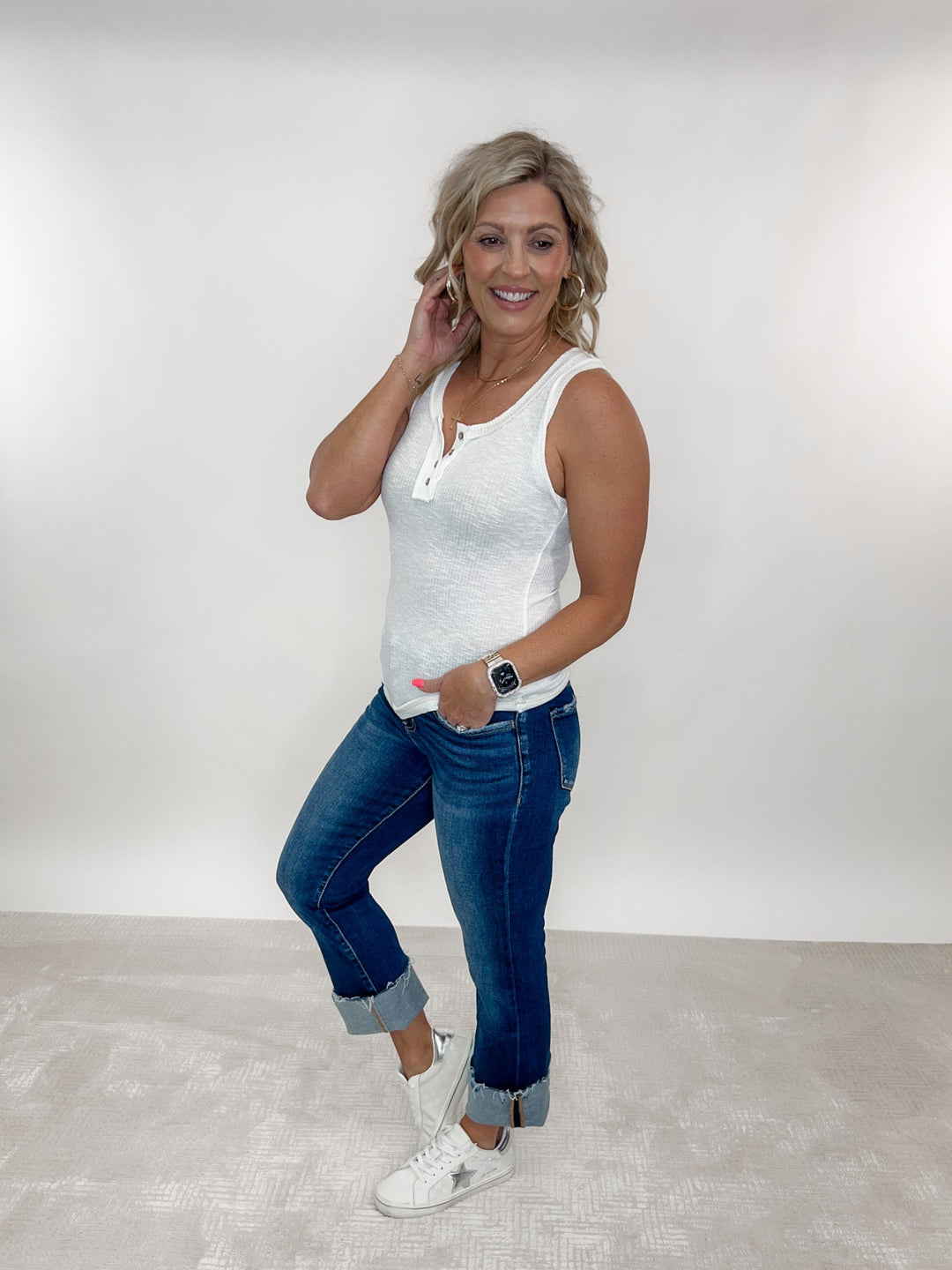 JoJo Henley Ribbed Button Detail Tank, White