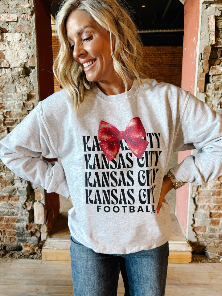 KC Glitter Bow Sweatshirt, Heather Grey