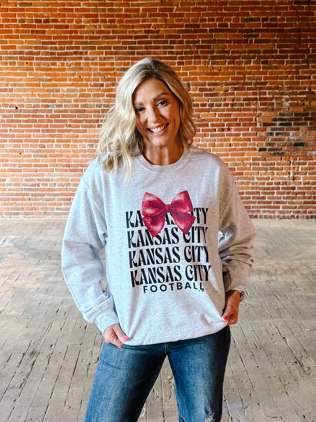 KC Glitter Bow Sweatshirt, Heather Grey