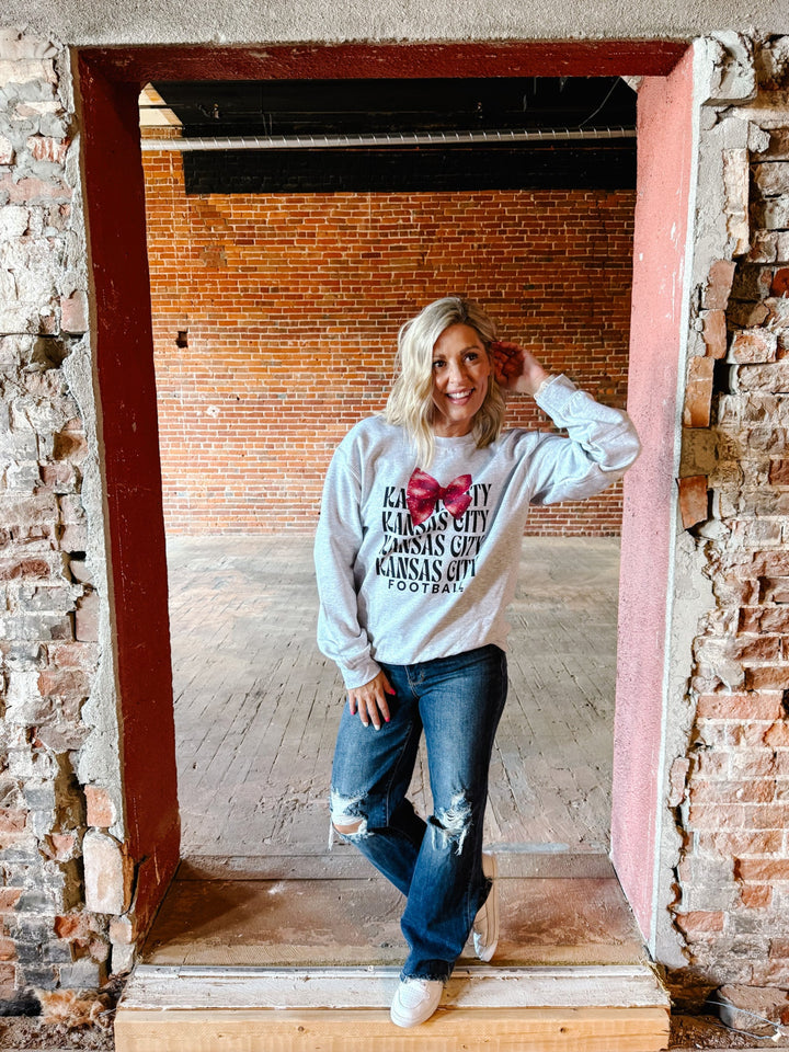 KC Glitter Bow Sweatshirt, Heather Grey