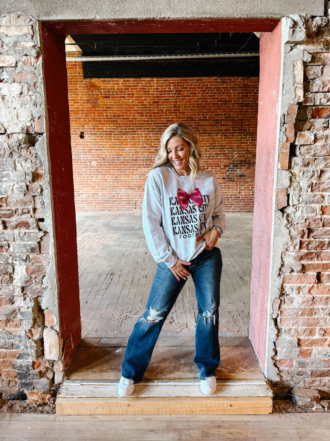 KC Glitter Bow Sweatshirt, Heather Grey