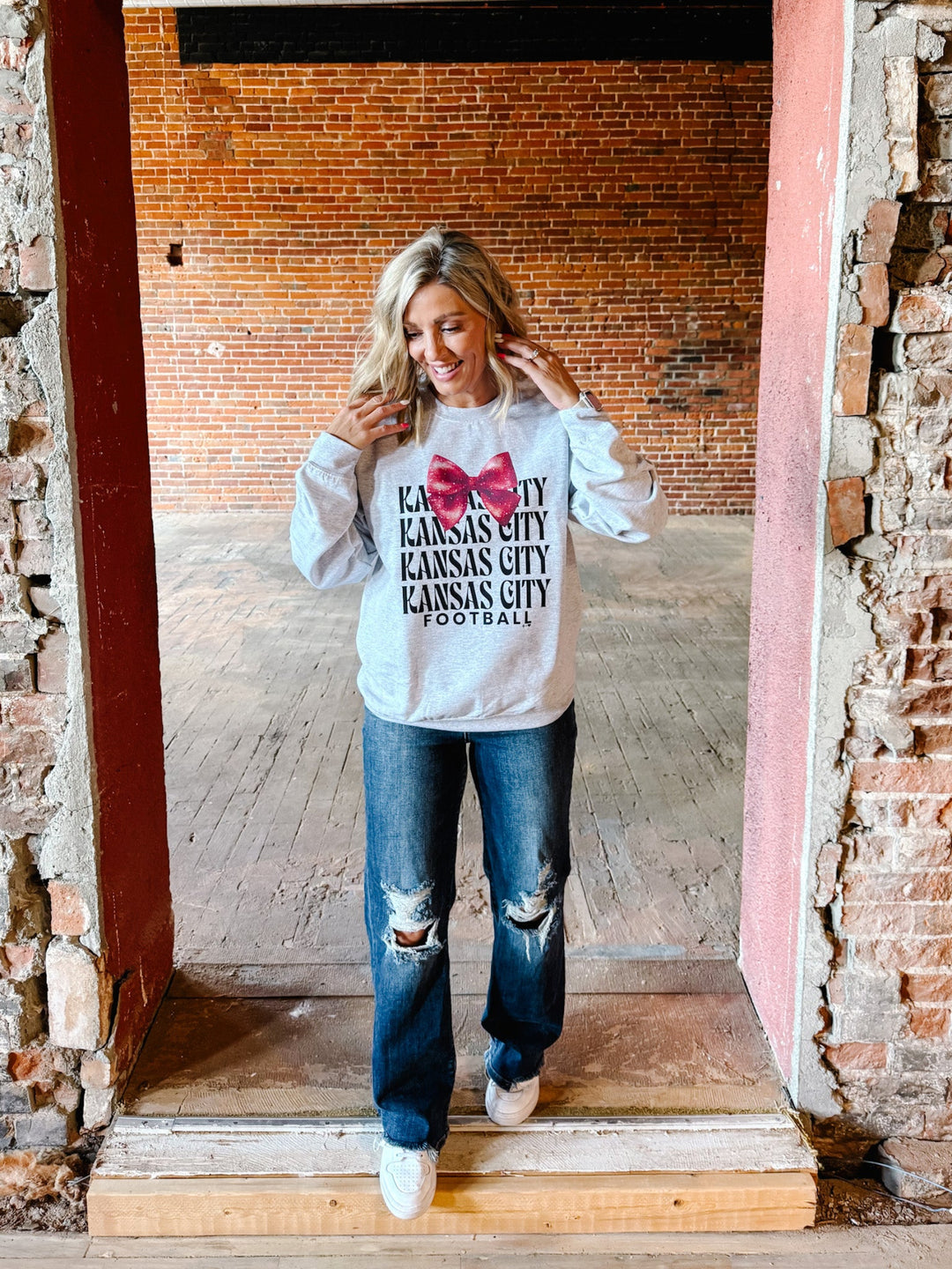 KC Glitter Bow Sweatshirt, Heather Grey