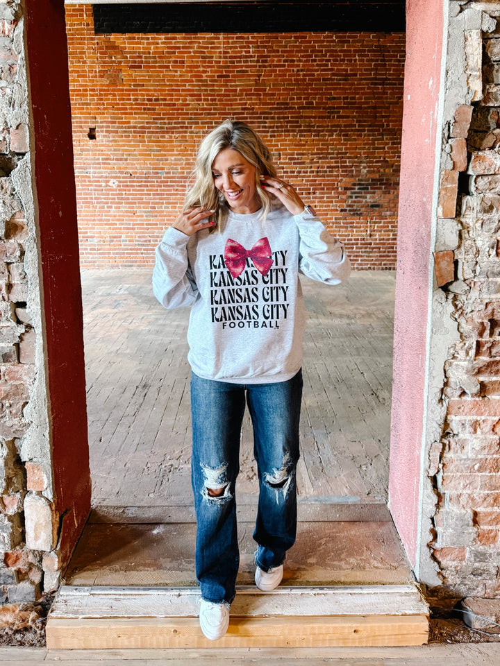 KC Glitter Bow Sweatshirt, Heather Grey