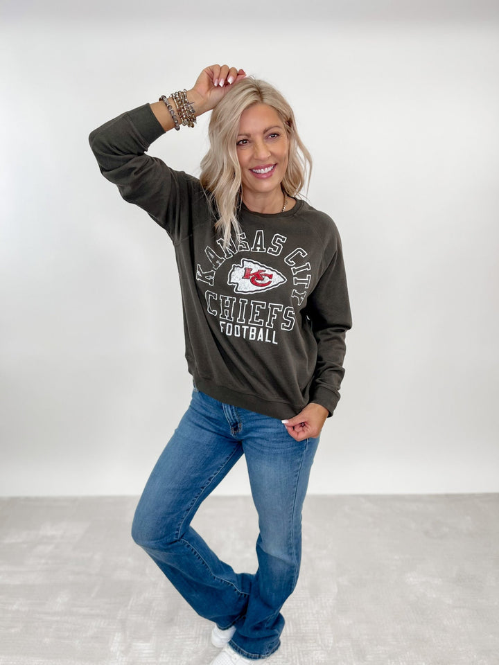 Kansas City Chiefs Flocked Raglan Crew Fleece, Black