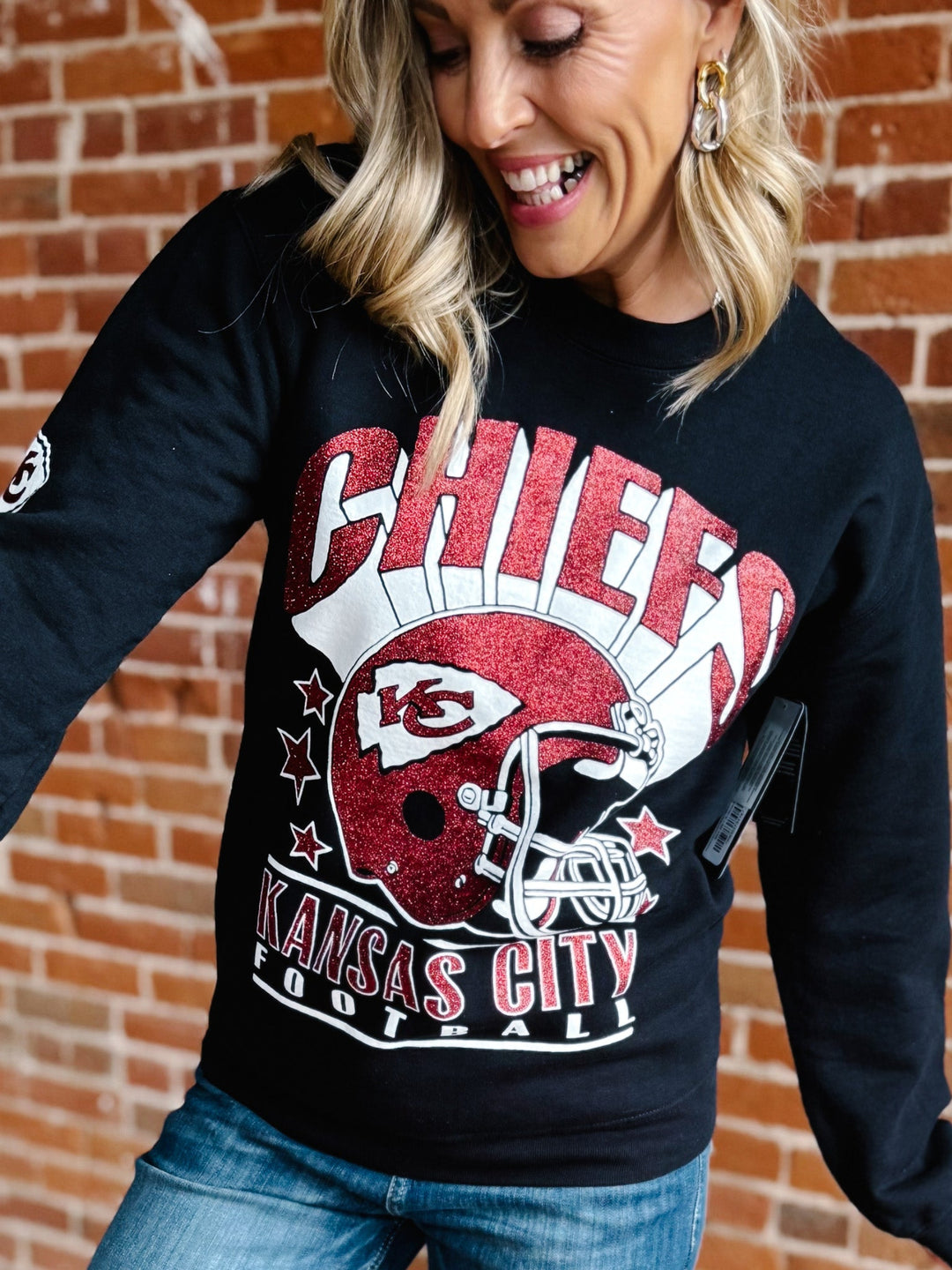 Kansas City Chiefs Glitter Helmet Flea Market Crew, Black