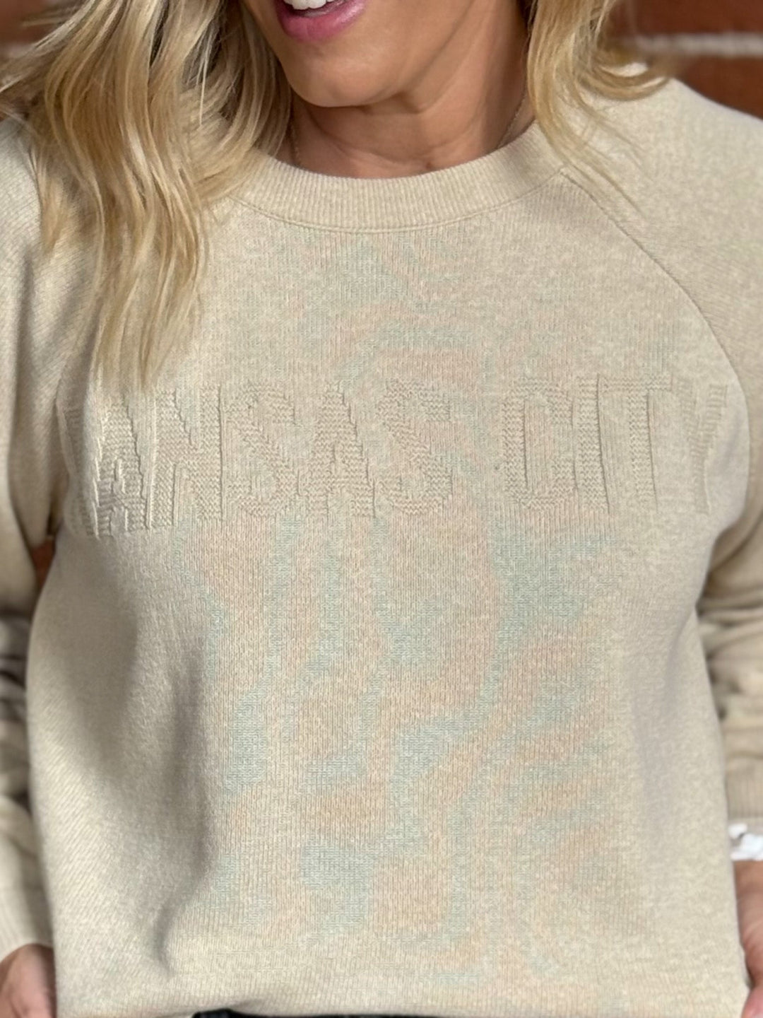 Kansas City Embossed Jacquard Raglan Sweater, Camel