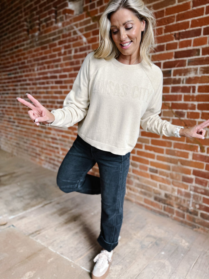 Kansas City Embossed Jacquard Raglan Sweater, Camel