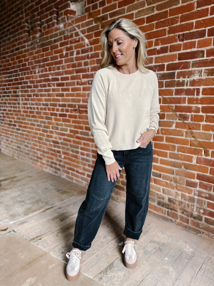 Kansas City Embossed Jacquard Raglan Sweater, Camel