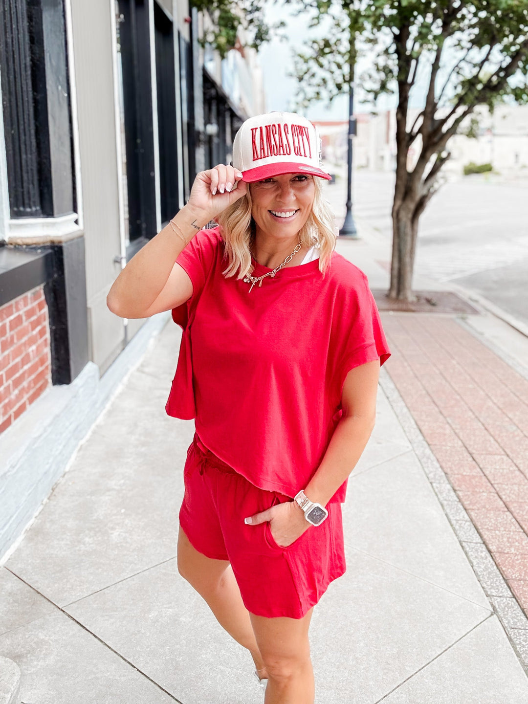 Kansas City Embroidered Canvas Baseball Cap, Tan/Red