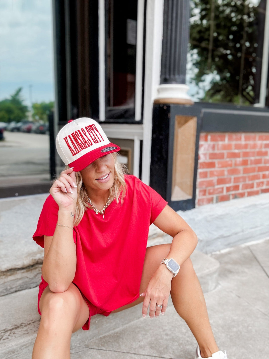 Kansas City Embroidered Canvas Baseball Cap, Tan/Red