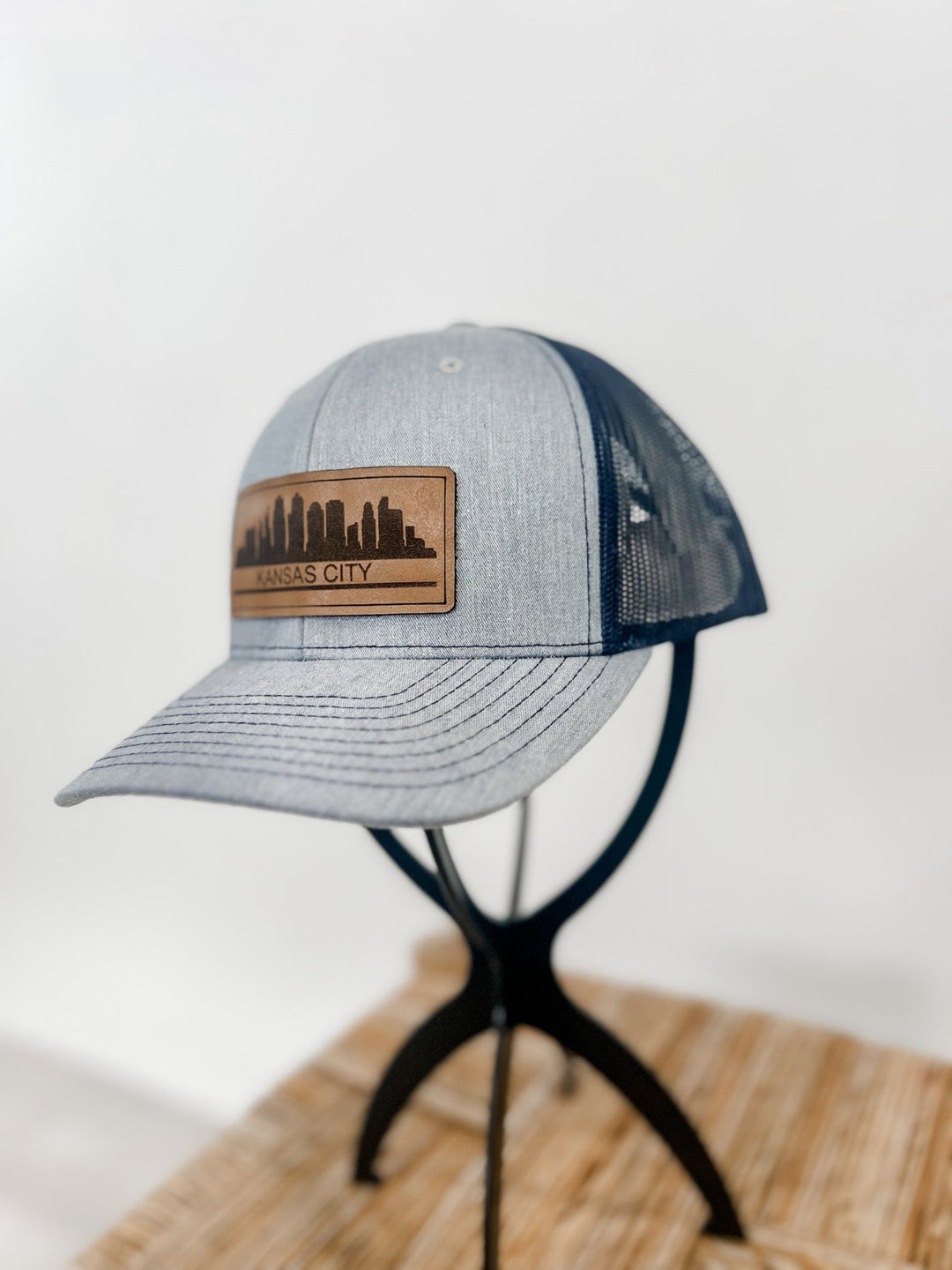 Kansas City Skyline Leather Patch Hat, Heather Grey w/Navy Mesh