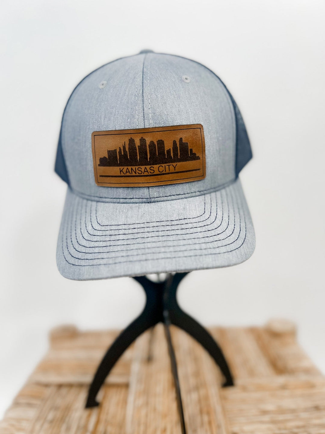 Kansas City Skyline Leather Patch Hat, Heather Grey w/Navy Mesh