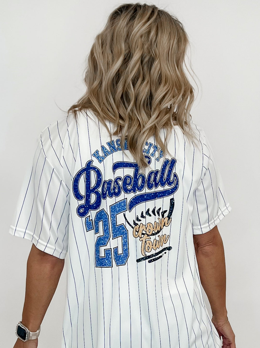 Kansas City Baseball Faux Glitter Striped Jersey, Black and White