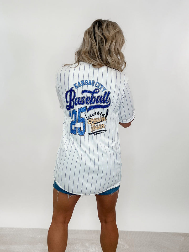 Kansas City Baseball Faux Glitter Striped Jersey, Black and White