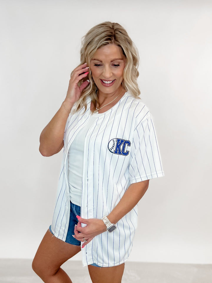 Kansas City Baseball Faux Glitter Striped Jersey, Black and White