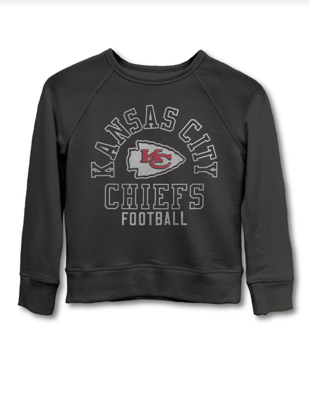 Kids Kansas City Chiefs Flocked Raglan Crew Fleece, Black