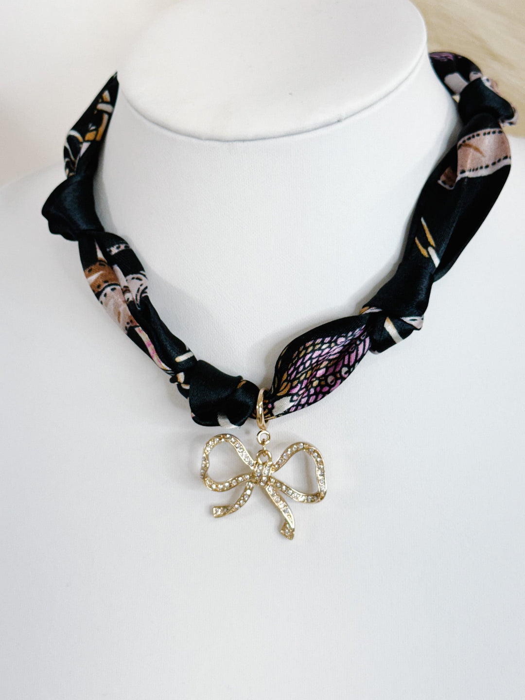 Knotted Chic Scarf Necklace with Bow Charm, Black