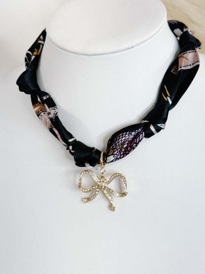 Knotted Chic Scarf Necklace with Bow Charm, Black