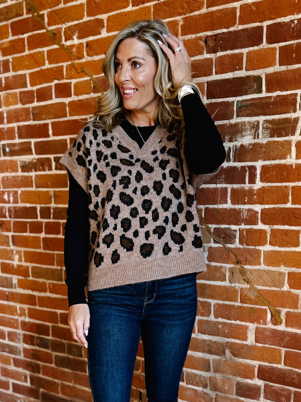 Lennon Oversized Leopard Print V-Neck Sweater Vest, Mocha