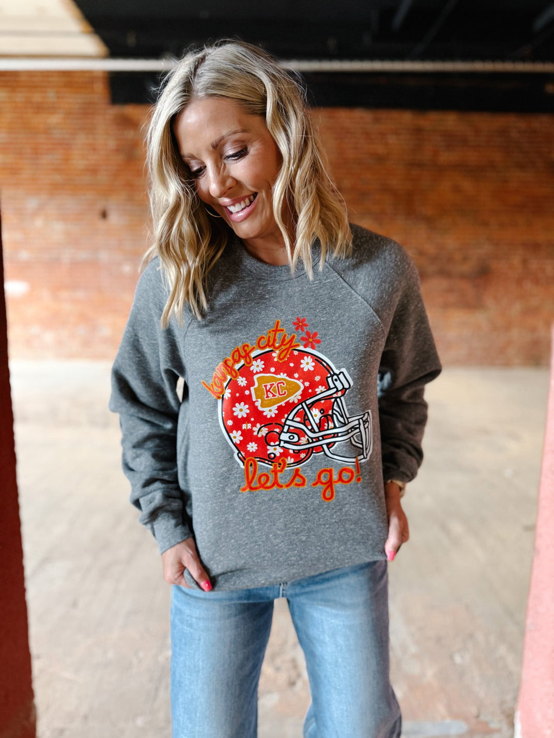 Let's Go Red Daisy Helmet Sweatshirt, Grey Triblend