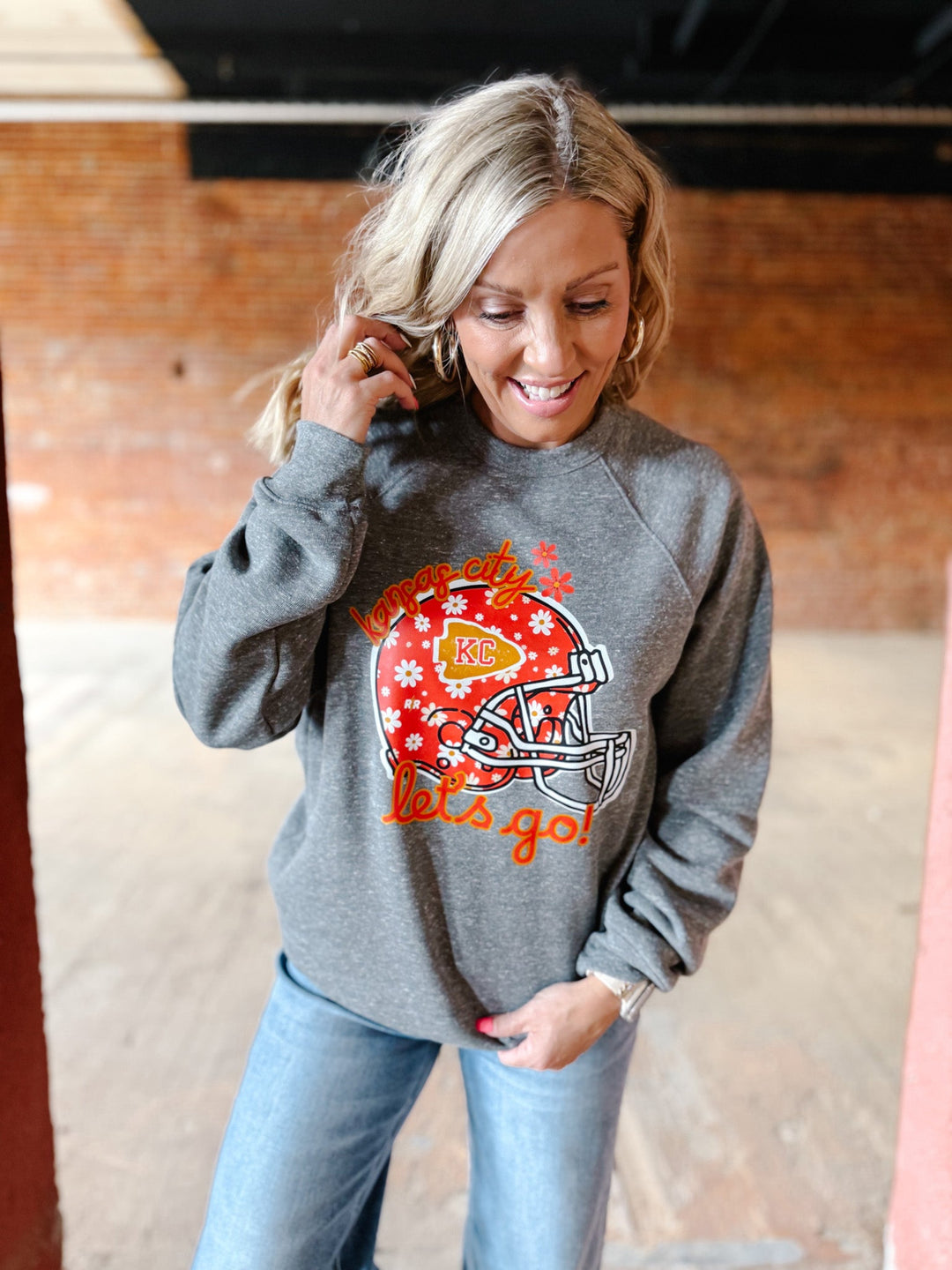 Let's Go Red Daisy Helmet Sweatshirt, Grey Triblend