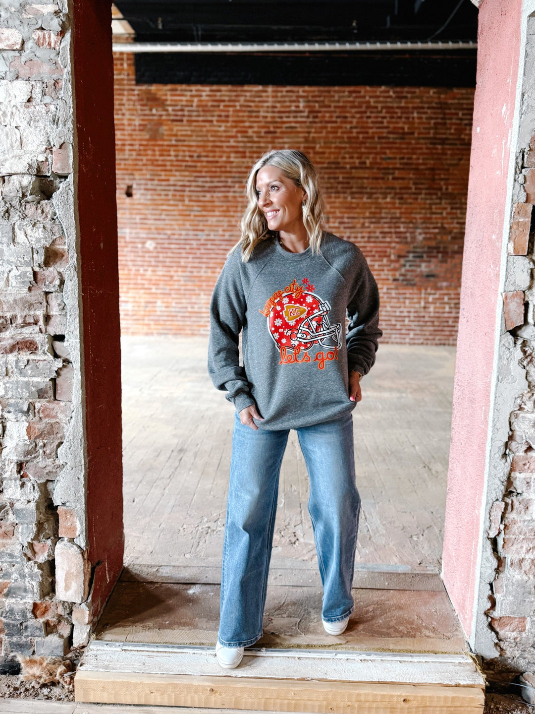 Let's Go Red Daisy Helmet Sweatshirt, Grey Triblend