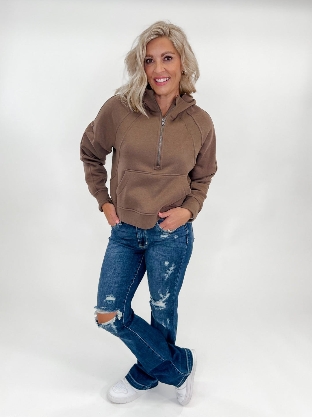 Let's Hang Out Quarter Zip Cropped Hoodie, Coffee