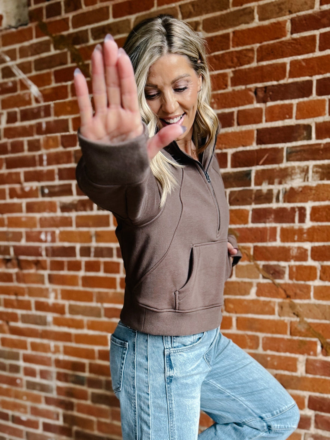 Let's Hang Out Quarter Zip Cropped Hoodie, Coffee