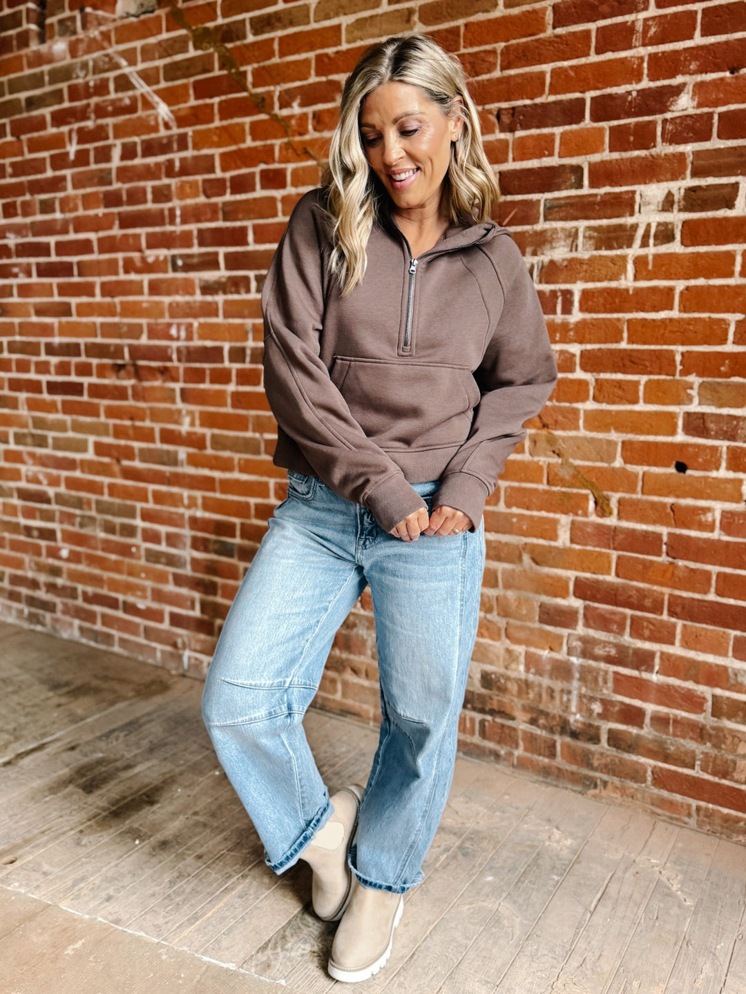 Let's Hang Out Quarter Zip Cropped Hoodie, Coffee