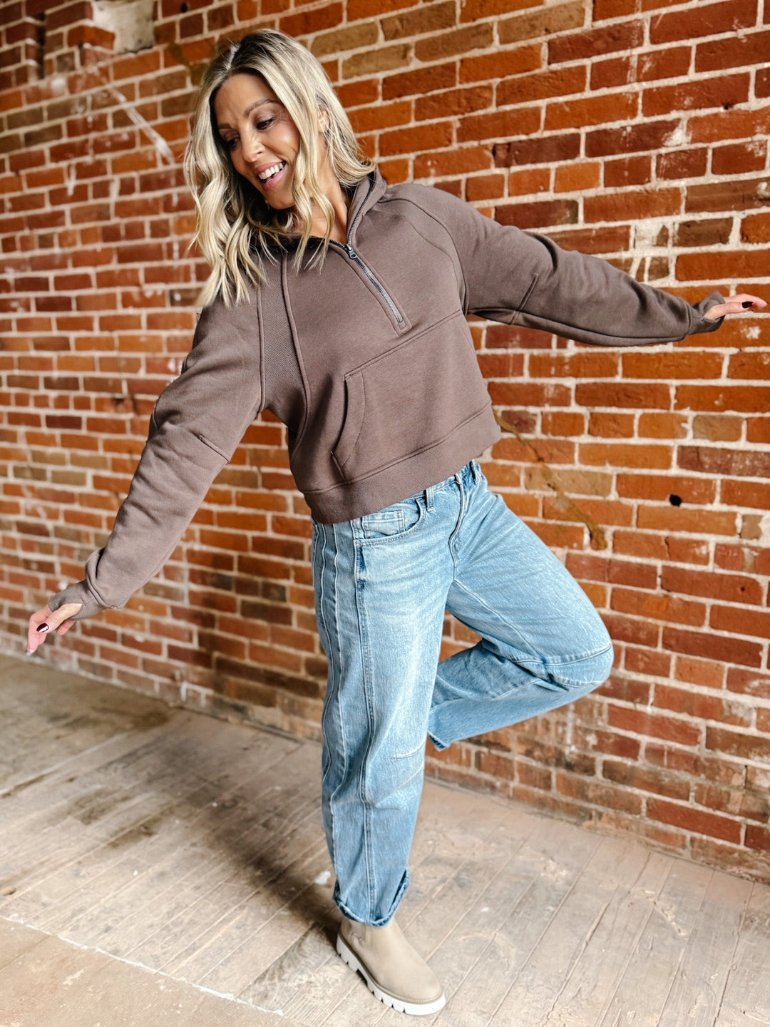 Let's Hang Out Quarter Zip Cropped Hoodie, Coffee