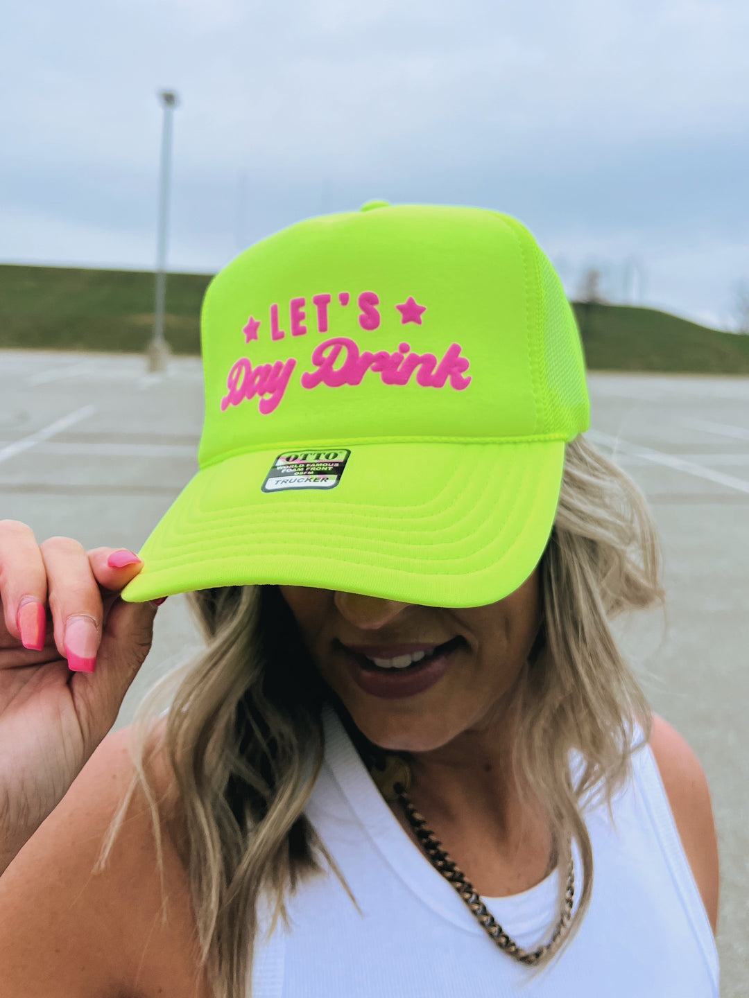 Let's Day Drink Trucker Hat, Neon Green