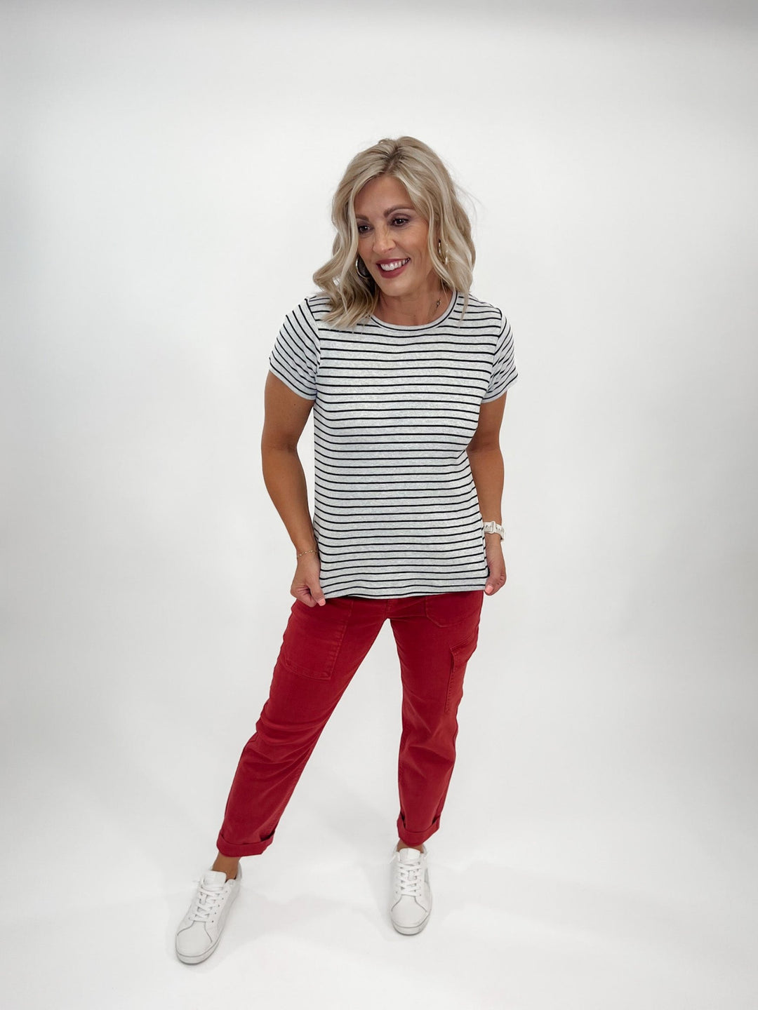 Lexi Striped Crew Neck Tee, Light Heather Grey/Black