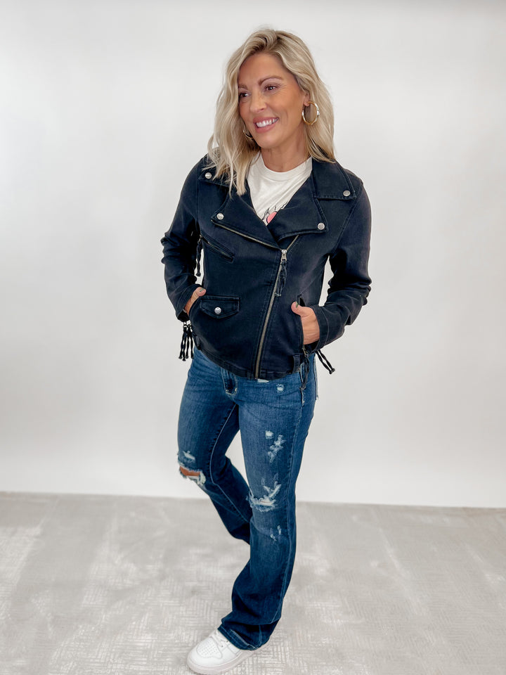 Little Lovin Denim Moto Jacket, Black