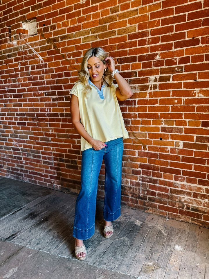 Looks Like You Tried Contrast Collar Top, Butter/Sky