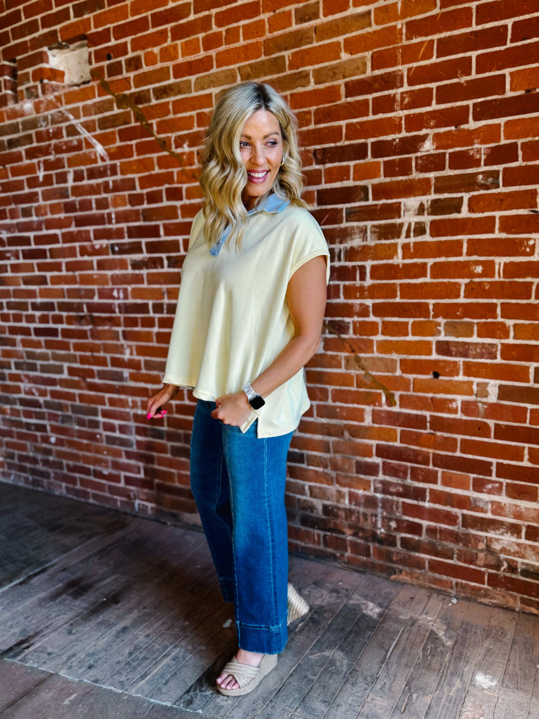 Looks Like You Tried Contrast Collar Top, Butter/Sky
