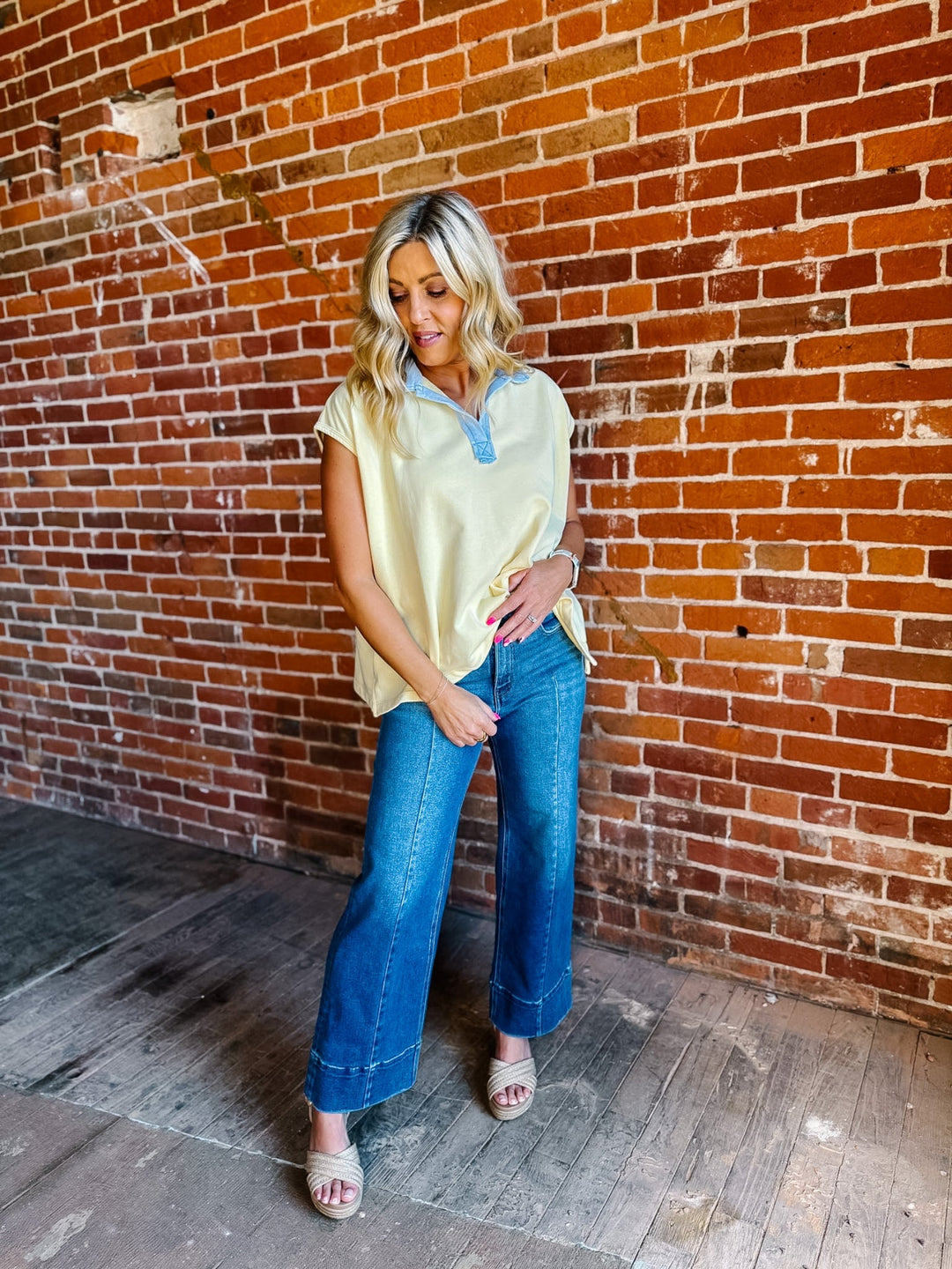 Looks Like You Tried Contrast Collar Top, Butter/Sky