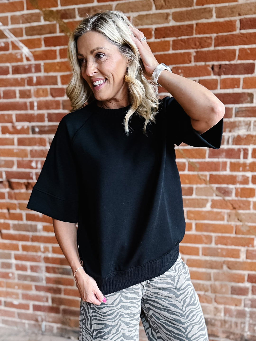 Luxe Ease Short Sleeve Top with Ribbed Detail, Black