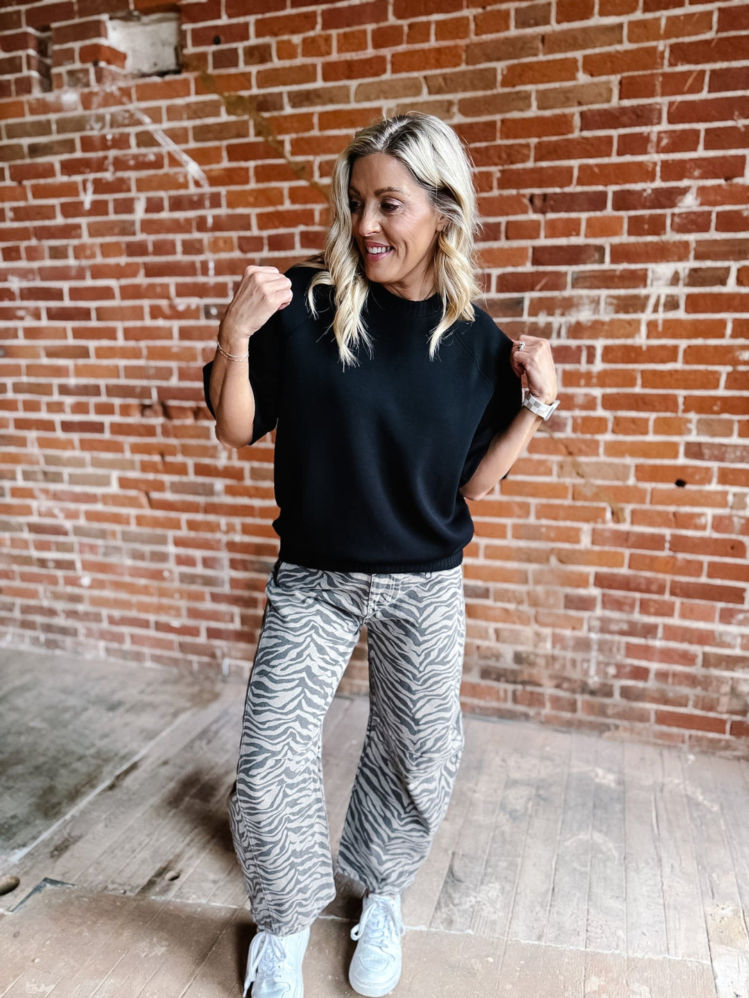 Luxe Ease Short Sleeve Top with Ribbed Detail, Black