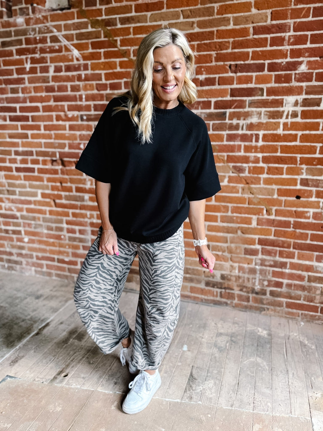 Luxe Ease Short Sleeve Top with Ribbed Detail, Black