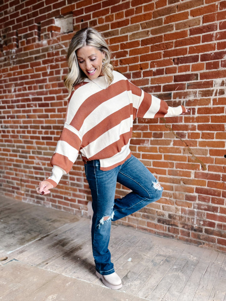 Maple Stripe Oversized Sweater, Brown & Cream
