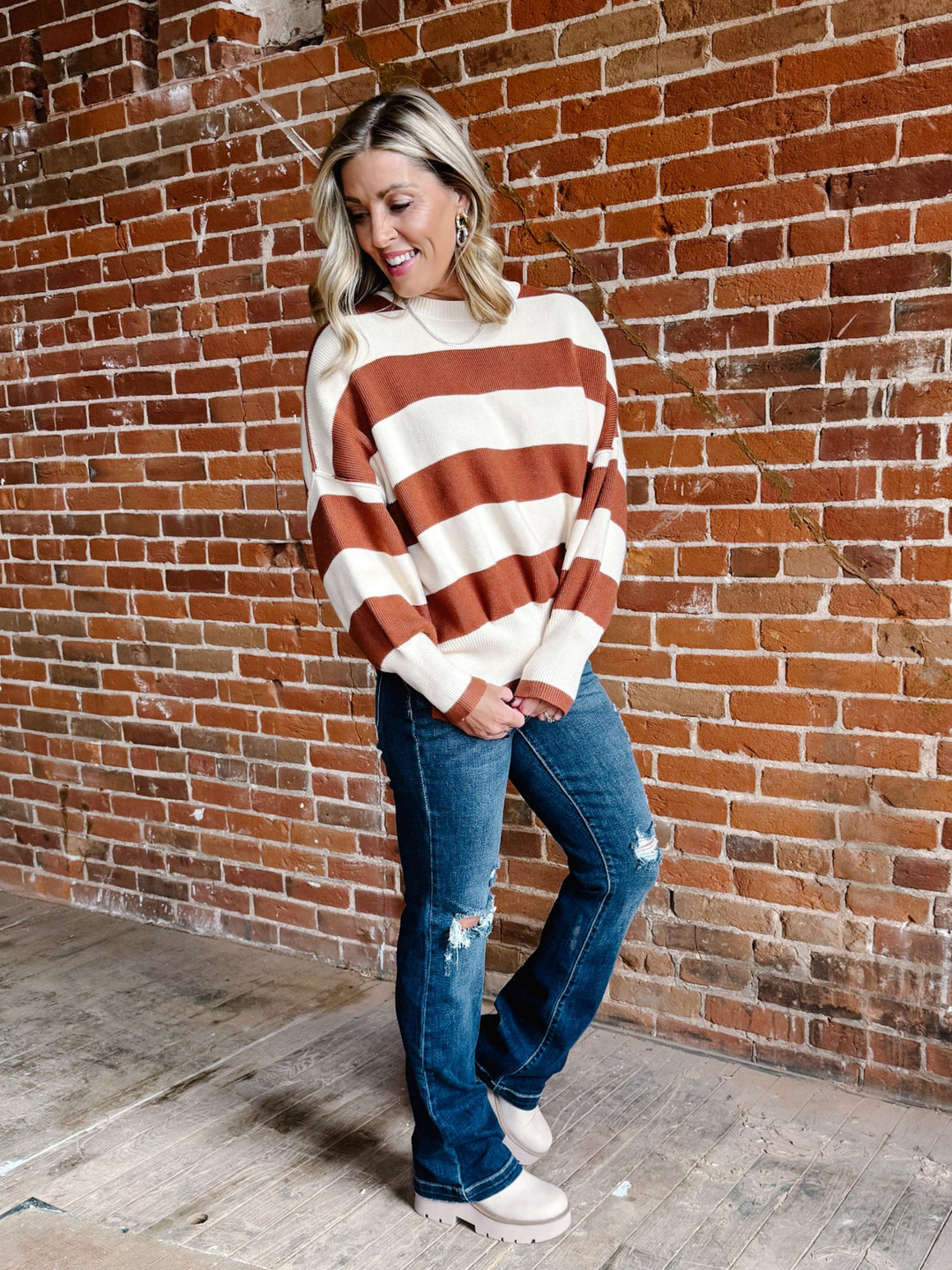 Maple Stripe Oversized Sweater, Brown & Cream